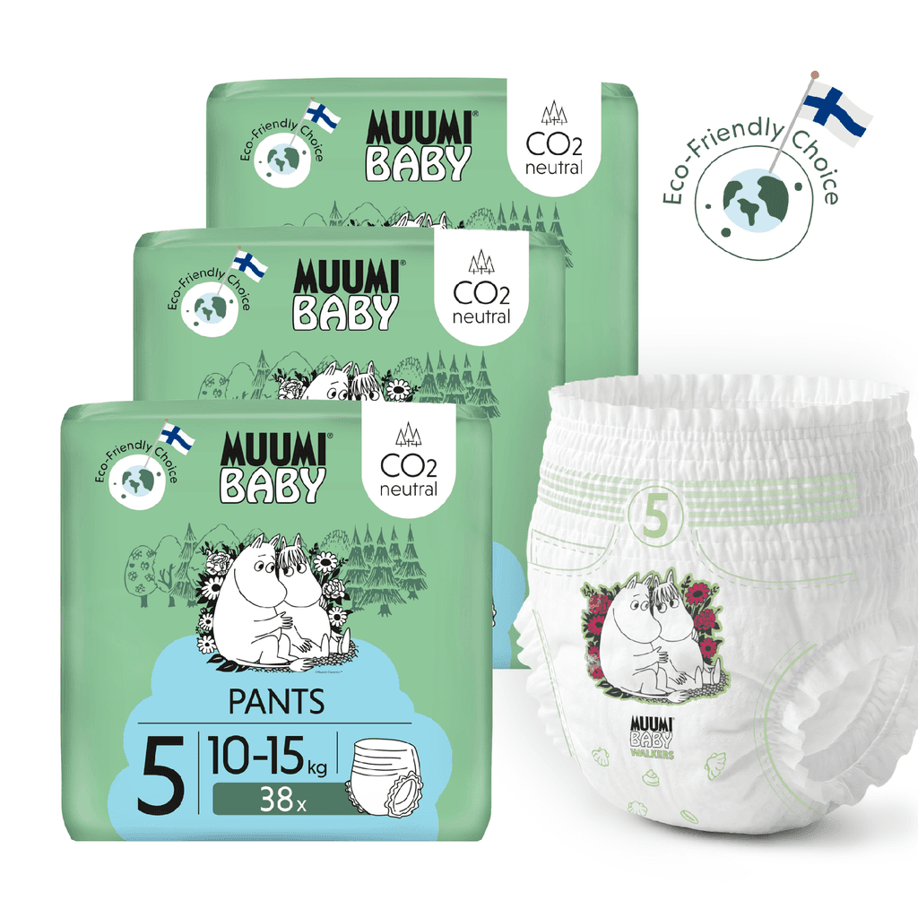 Moomin Baby Muumi Baby Pants 5 Maxi+ 10-15 kg (114 ks), mesačné balenie nohavičkových eko plienok