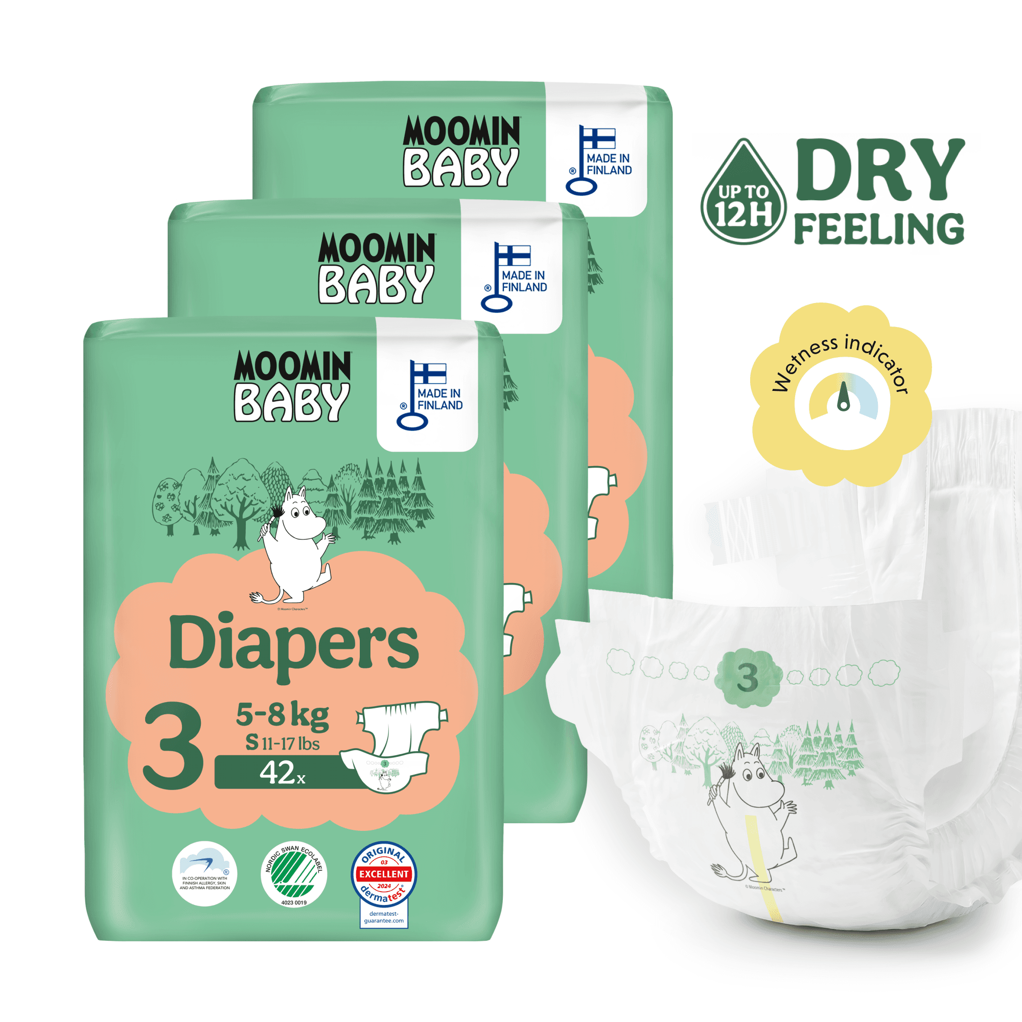Moomin Baby 3 Midi 5–8 kg (126 ks), mesačné balenie plienok