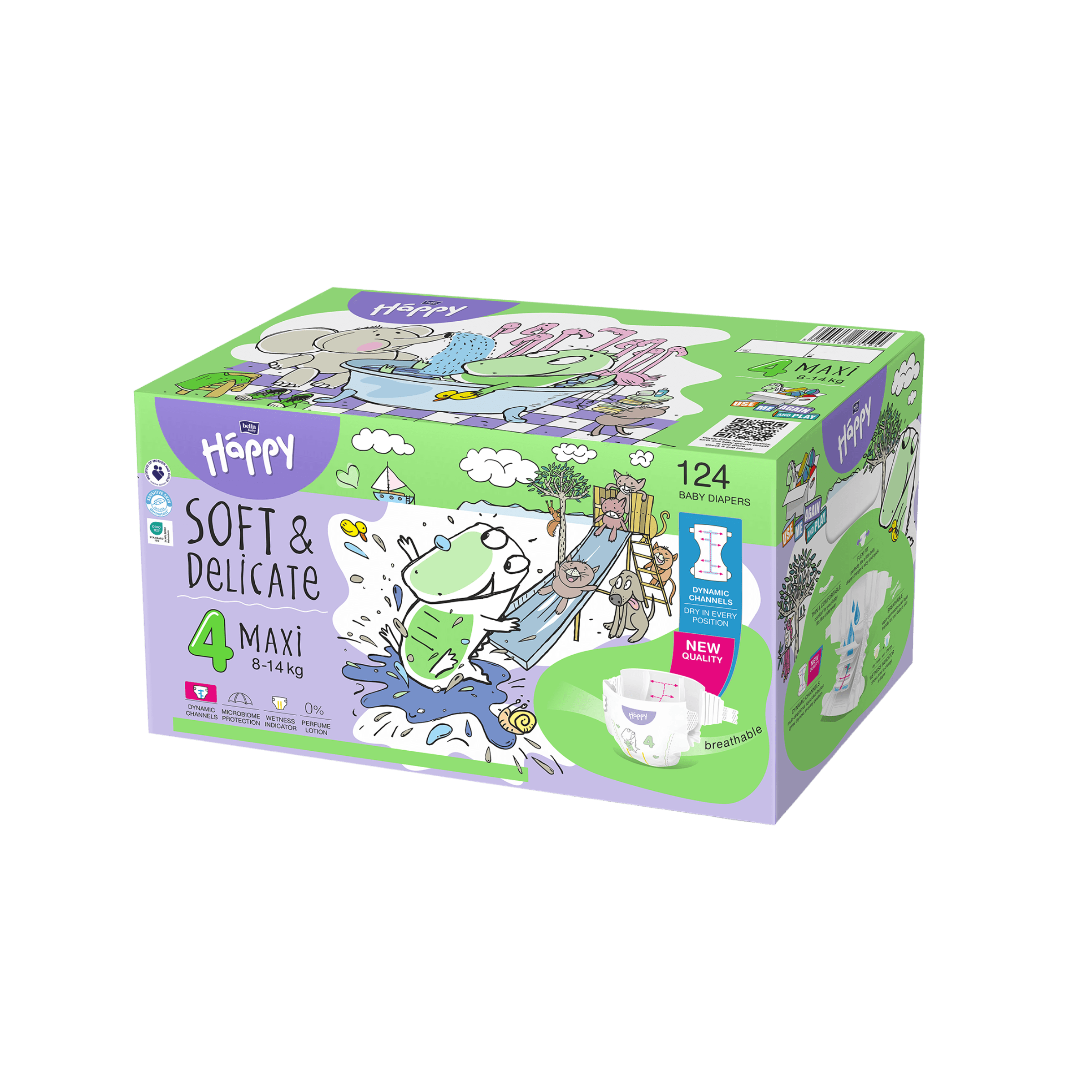 Bella Happy Bella Baby Happy detské plienky s kanálikmi Soft & Delicate veľkosť 4 (8-14 kg), krabica 2 x 62 ks